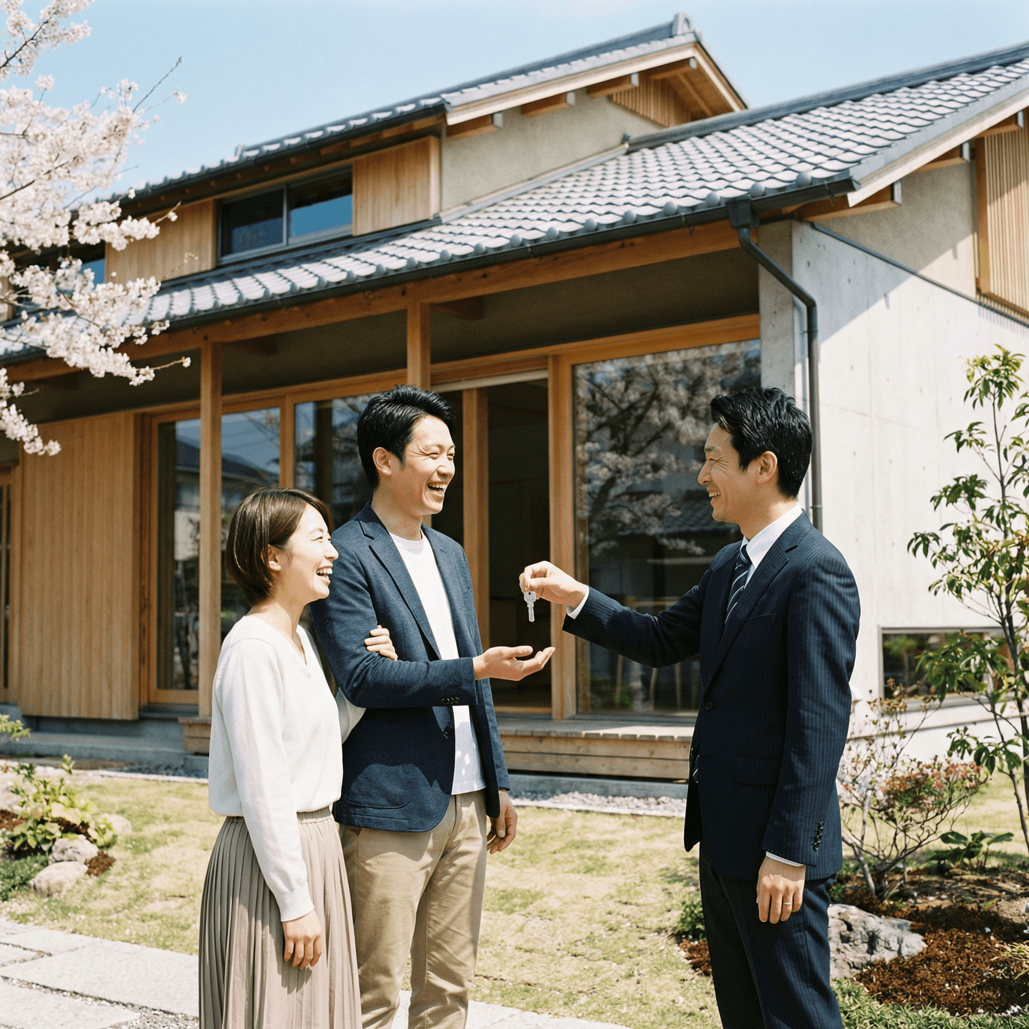住宅の前でお客様へ鍵をお渡しする様子